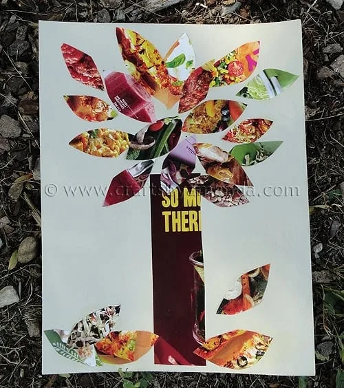 Arbre d’automne en collage de papiers découpés dans des magazines