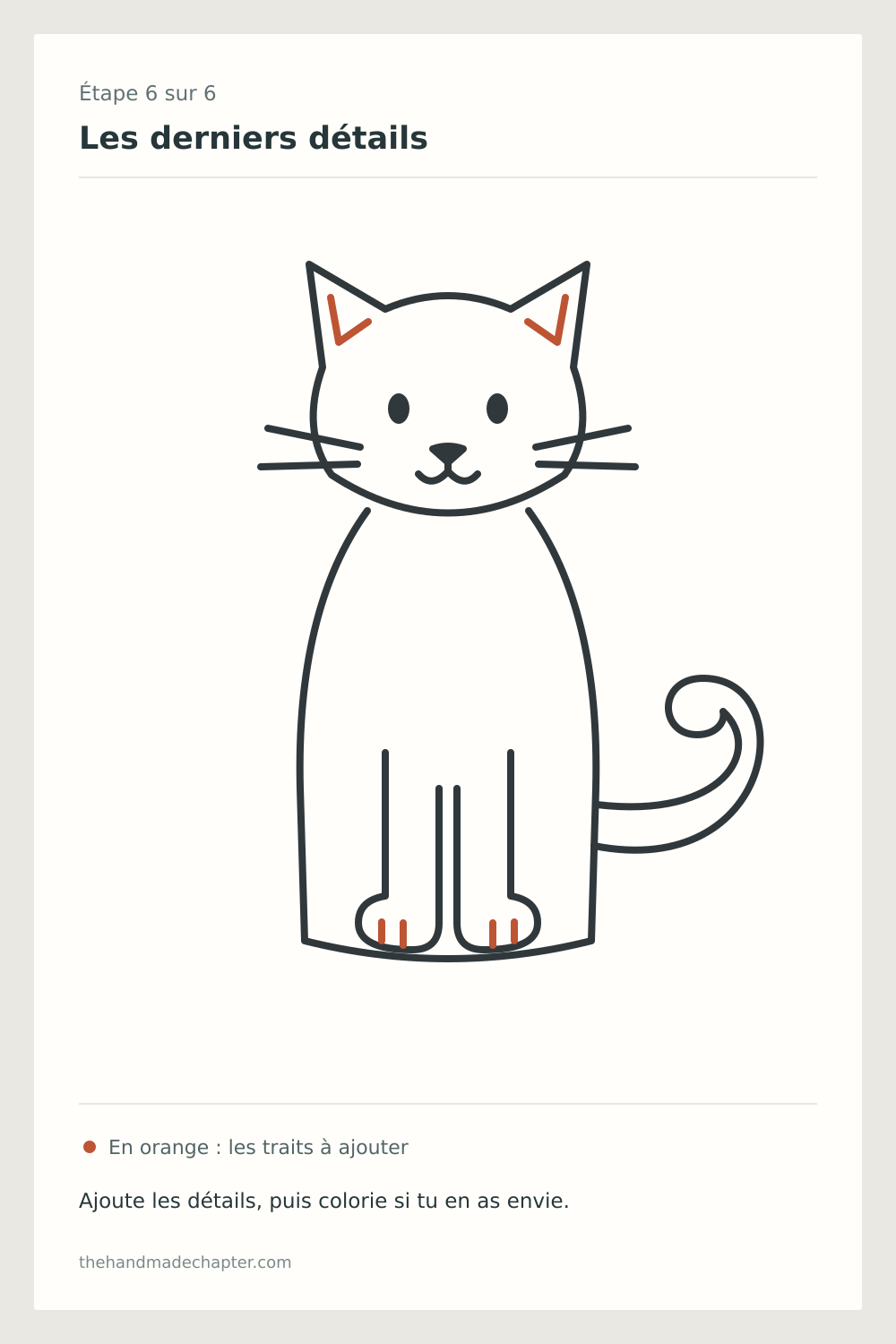 Étape 6 pour dessiner un chat : termine les détails et choisis tes couleurs, nouveaux traits orange