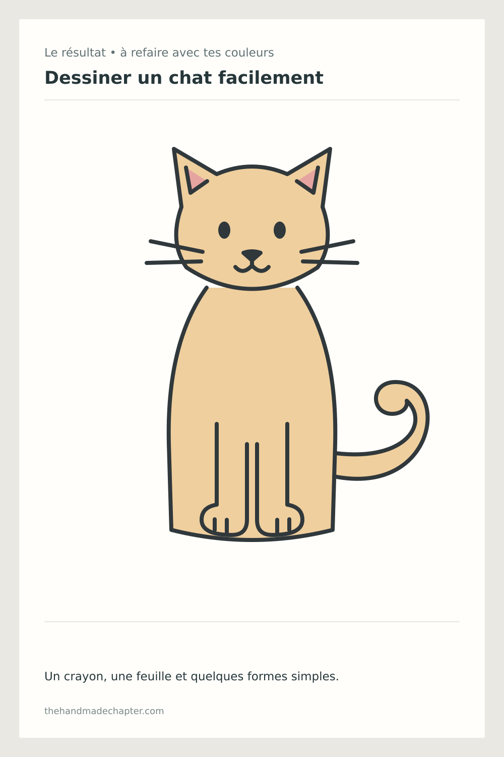 Dessin simple d’un chat assis beige avec oreilles roses, deux pattes et une queue recourbée, format vertical