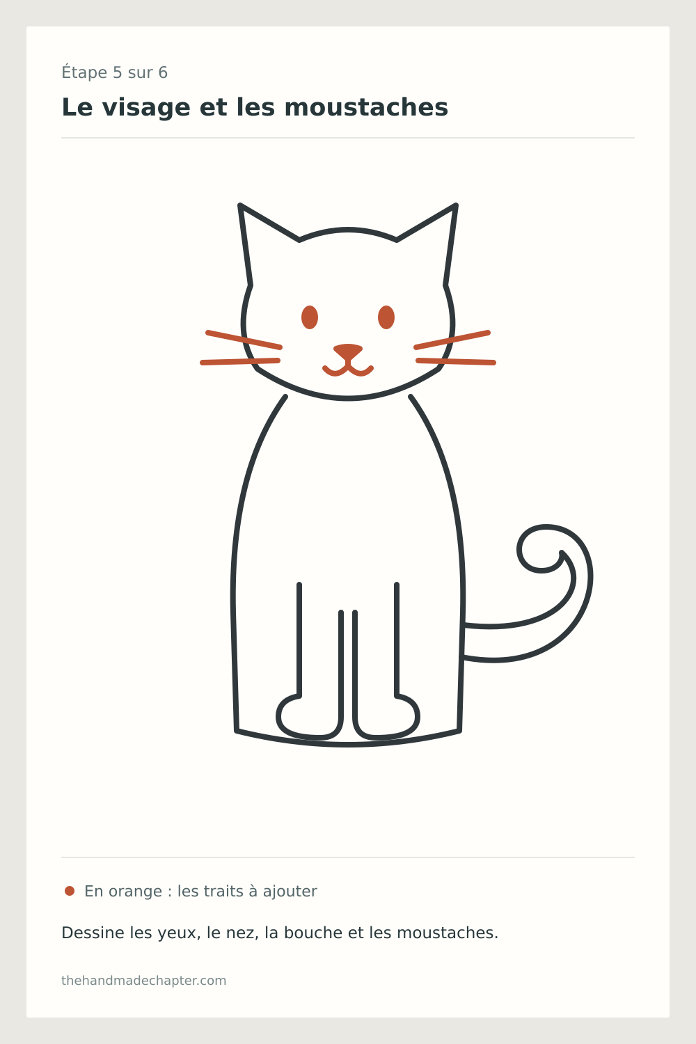 Étape 5 pour dessiner un chat : ajoute le visage et les moustaches, nouveaux traits orange