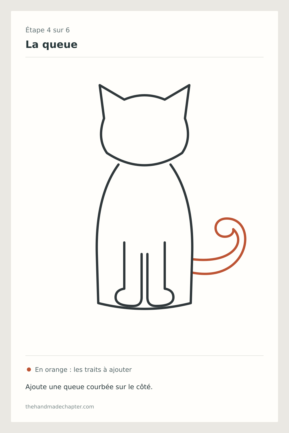 Étape 4 pour dessiner un chat : dessine une queue courbée, nouveaux traits orange