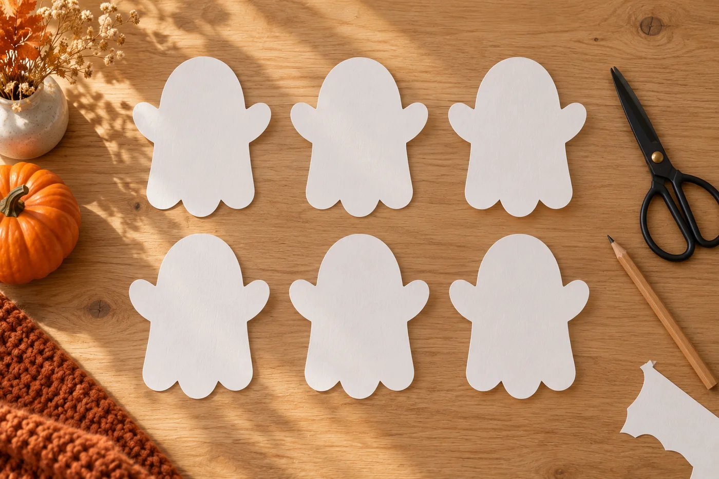 Six silhouettes de fantômes blancs découpées, encore sans visage, posées sur une table