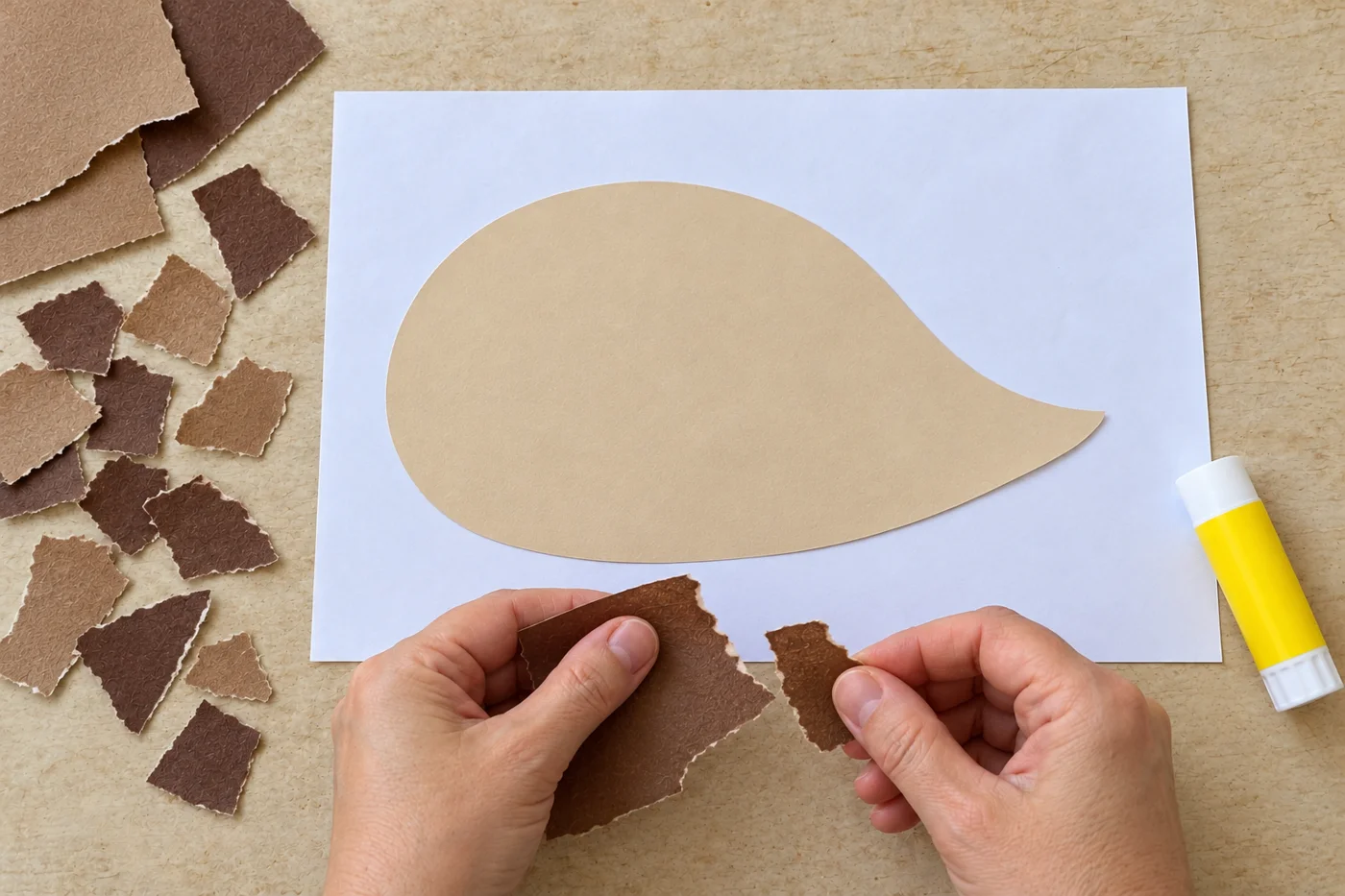 Mains déchirant du papier brun à côté de la silhouette beige encore vide