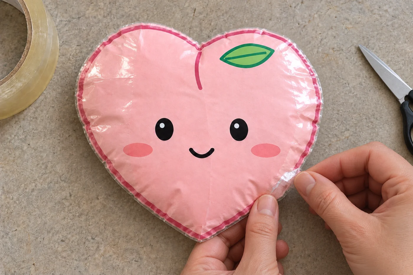 Mains fermant la petite ouverture du squishy pêche avec une bande d’adhésif transparent