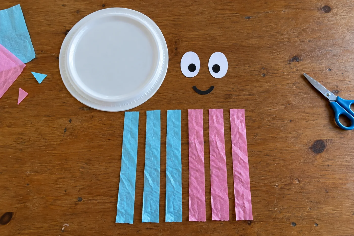 Assiette blanche, six bandes de papier séparées, deux yeux et une bouche découpés, photographiés de haut