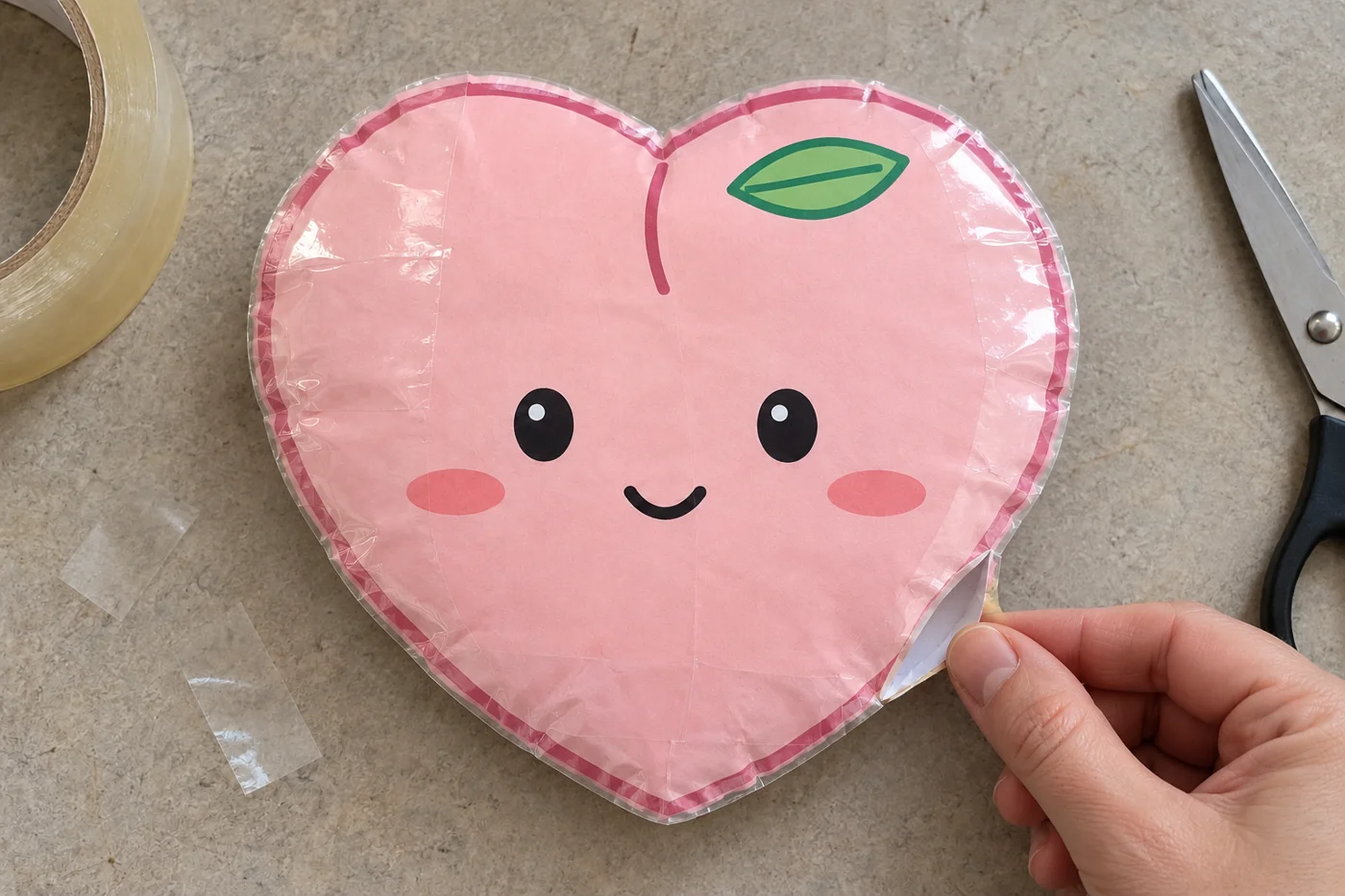 Poche pêche en papier assemblée à l’adhésif, avec petite ouverture inférieure montrant les faces blanches intérieures