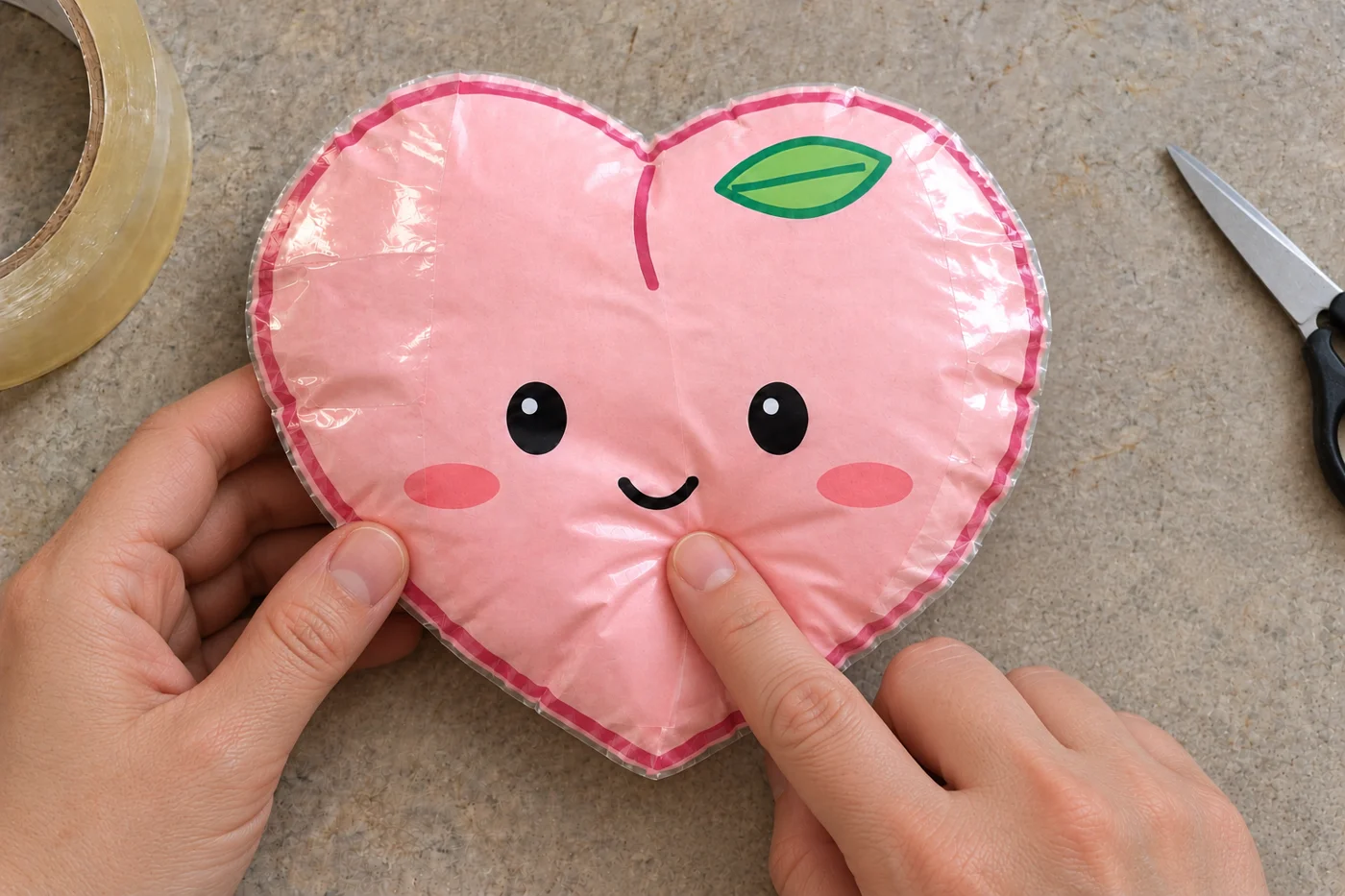 Doigt pressant légèrement le centre du squishy pêche fermé, avec quelques plis visibles dans l’adhésif