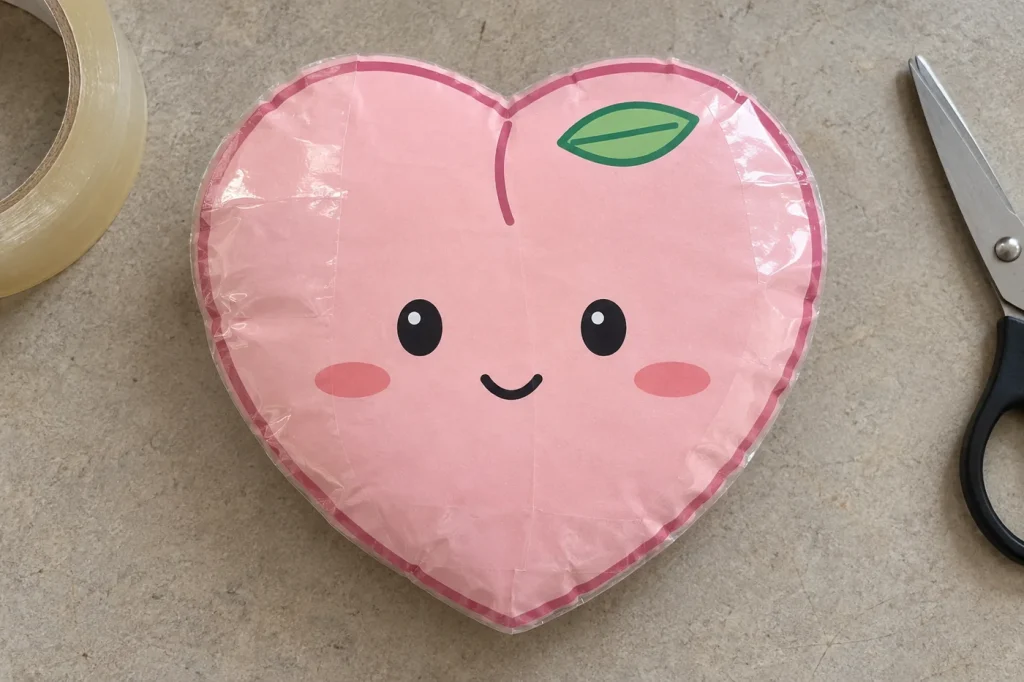 Squishy pêche kawaii rose en papier recouvert d’adhésif transparent, avec feuille verte dessinée et visage souriant