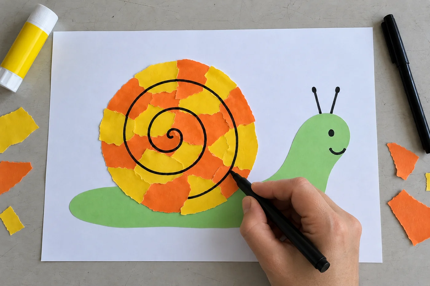 Main traçant une spirale noire sur la coquille jaune et orange d’un escargot en papier, vue de haut