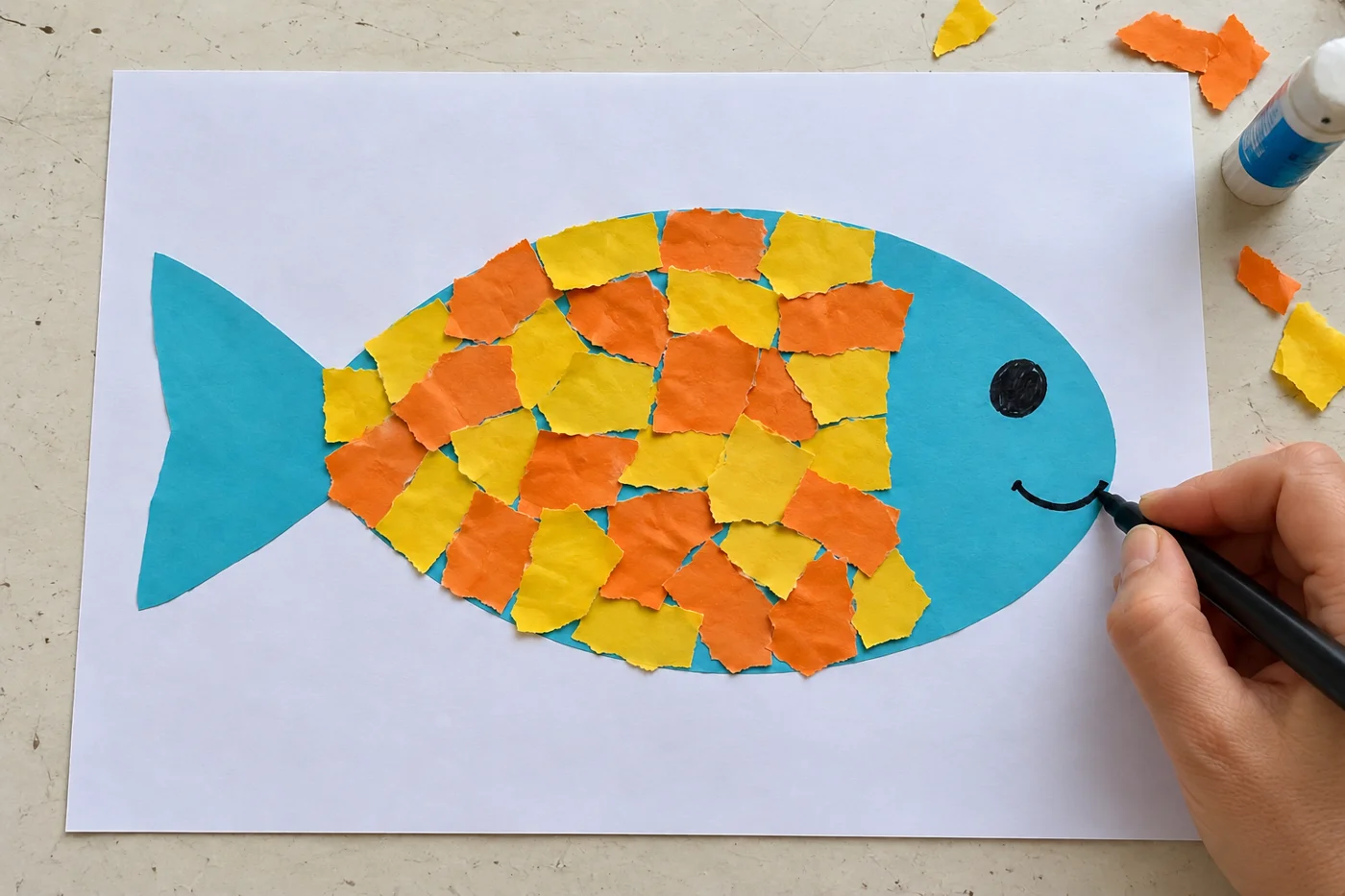Main dessinant le sourire au feutre noir sur la tête du poisson bleu, après le collage des écailles