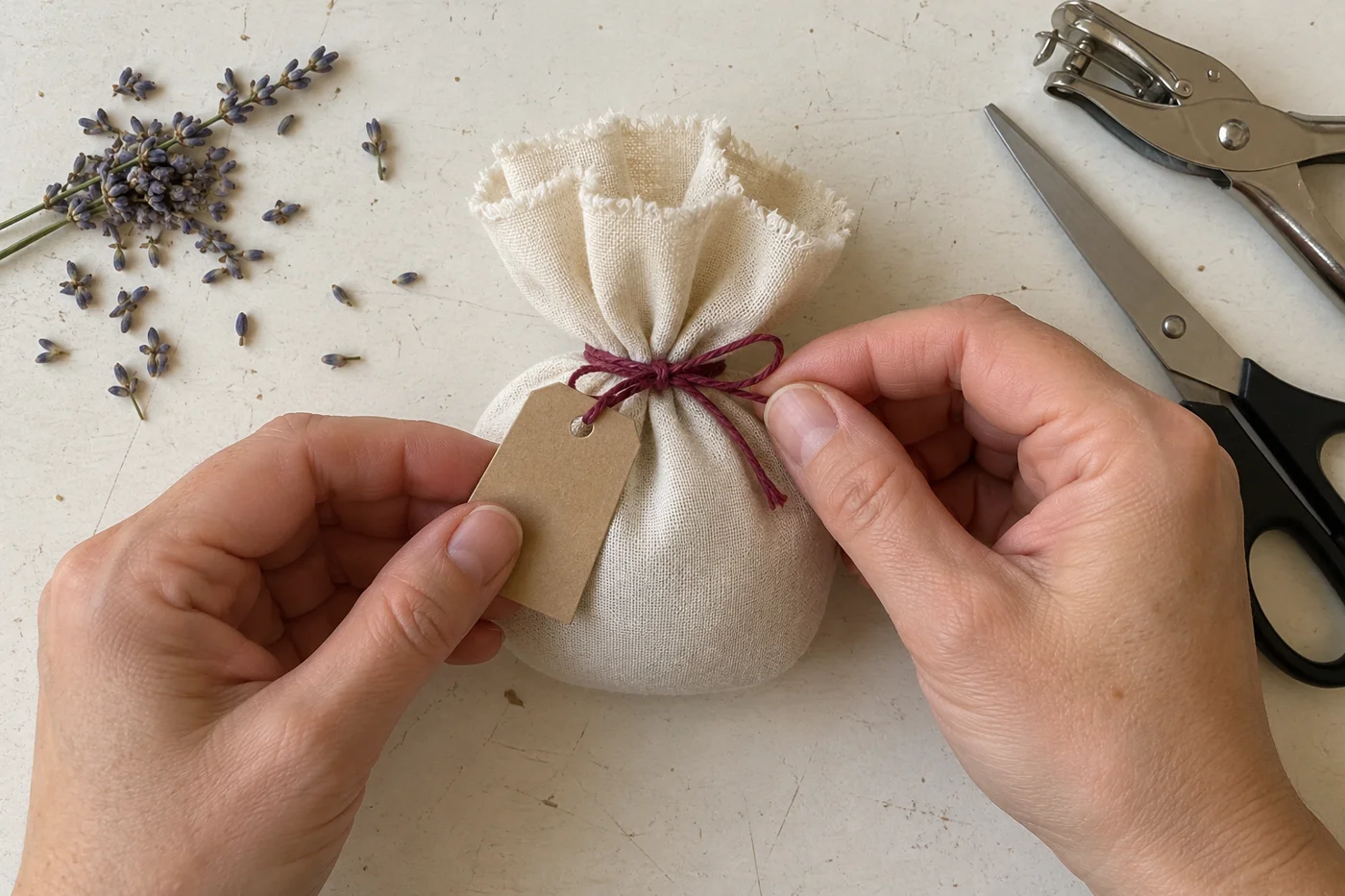 Étiquette vierge en carton kraft passée sur la ficelle d’un sachet de lavande fermé, photographiée de haut