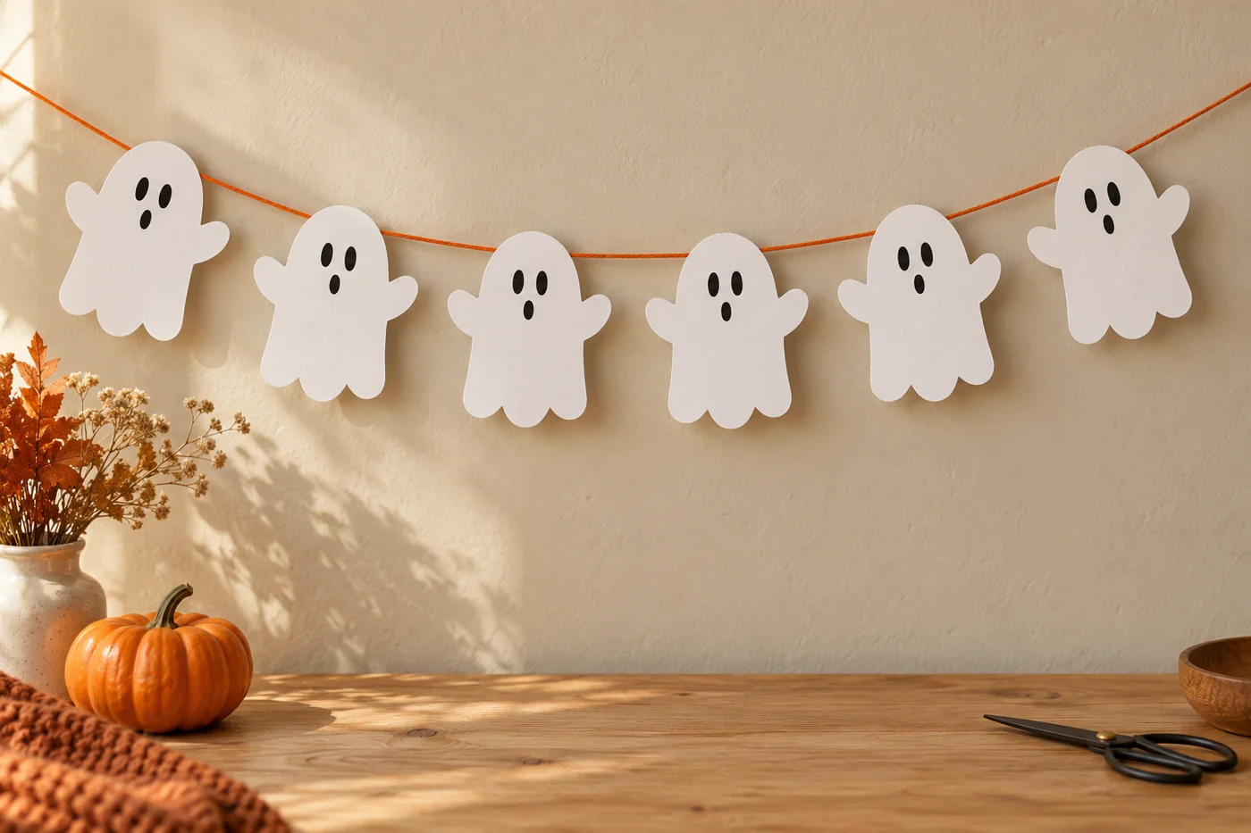 Guirlande de six fantômes en papier blanc suspendus sur une ficelle orange pour Halloween
