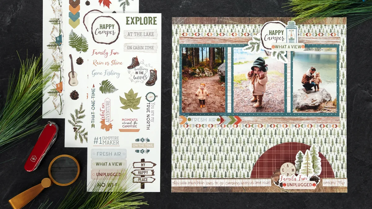 Double page de scrapbooking sur un séjour en camping en famille