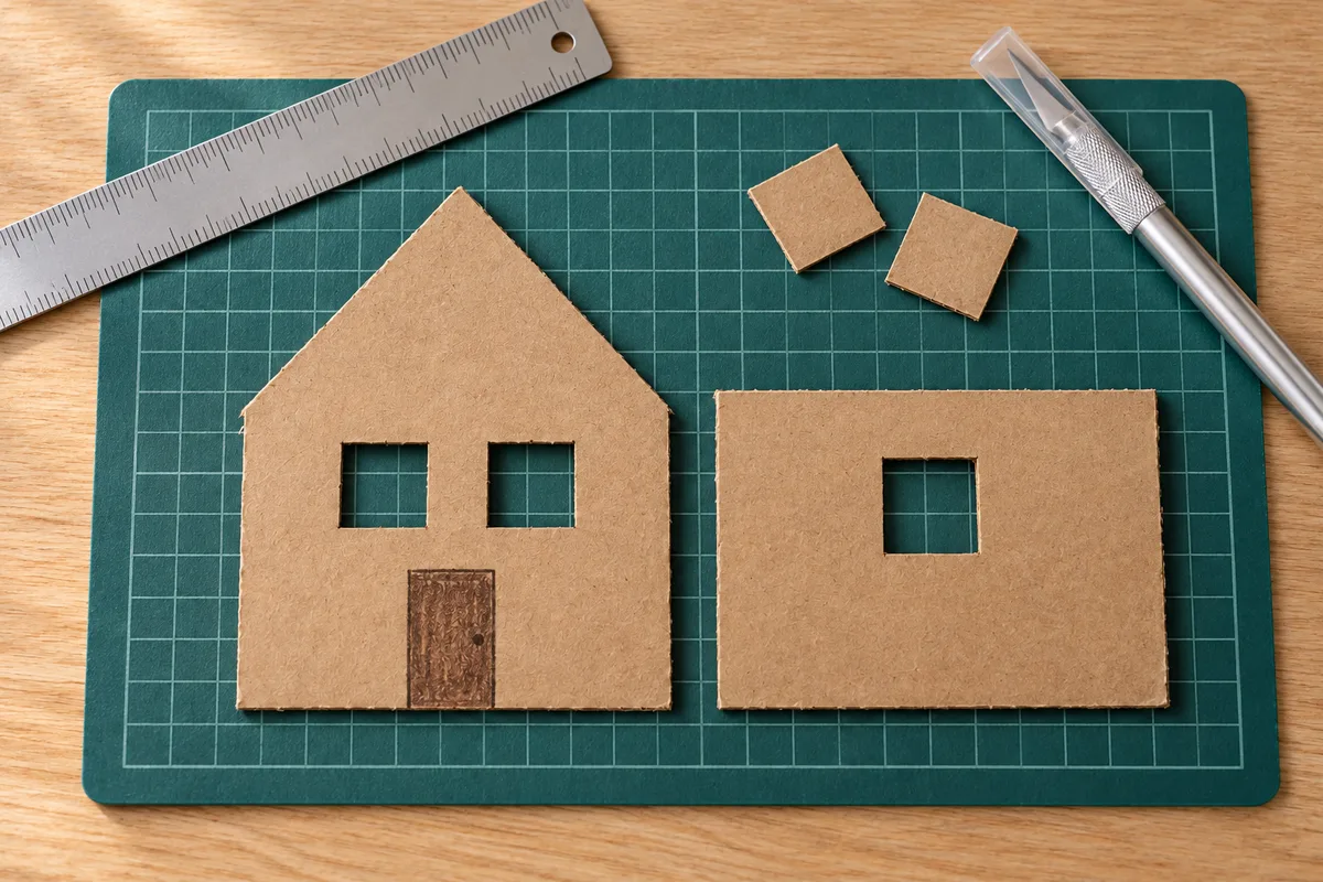 Façade et mur latéral avec fenêtres découpées et porte dessinée