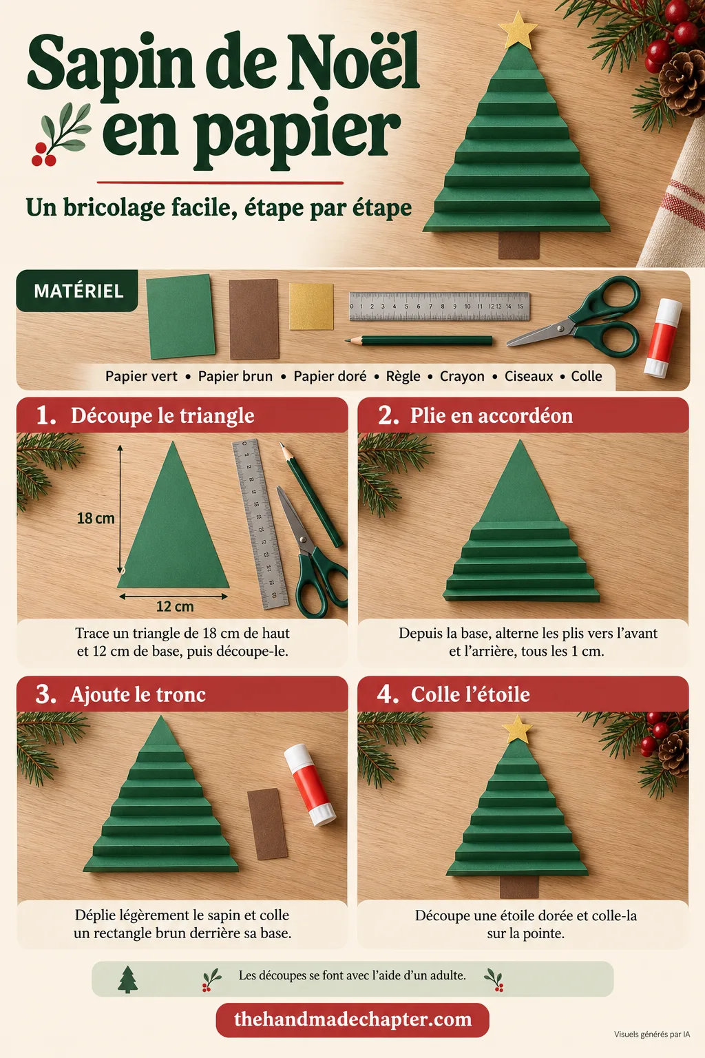 Fiche illustrée des quatre étapes du sapin de Noël en papier