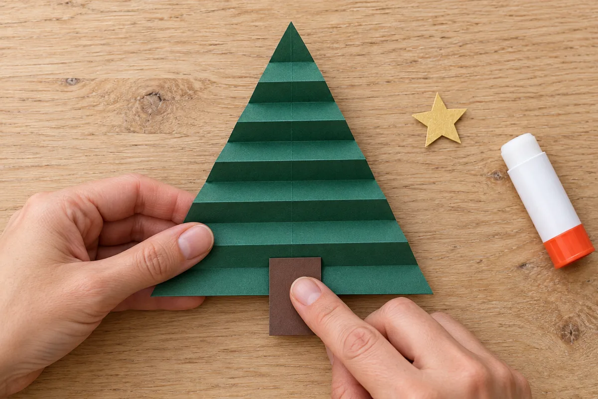 Illustration de la fixation du tronc au dos du sapin en papier