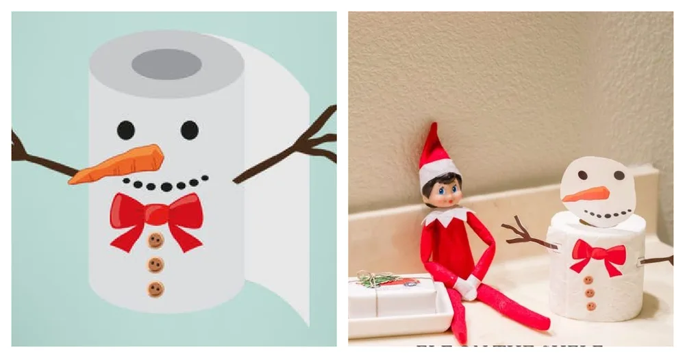 Le lutin construit un bonhomme de neige en papier toilette – idée de lutin farceur