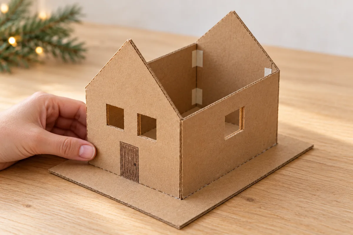 Les quatre murs de la maison assemblés sur leur socle sans toit