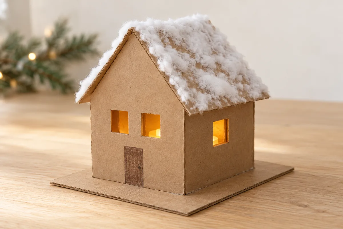 Maison de Noël en carton kraft avec toit enneigé et éclairage LED