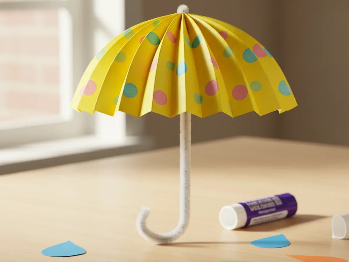 Parapluie en papier coloré fabriqué et décoré par un enfant