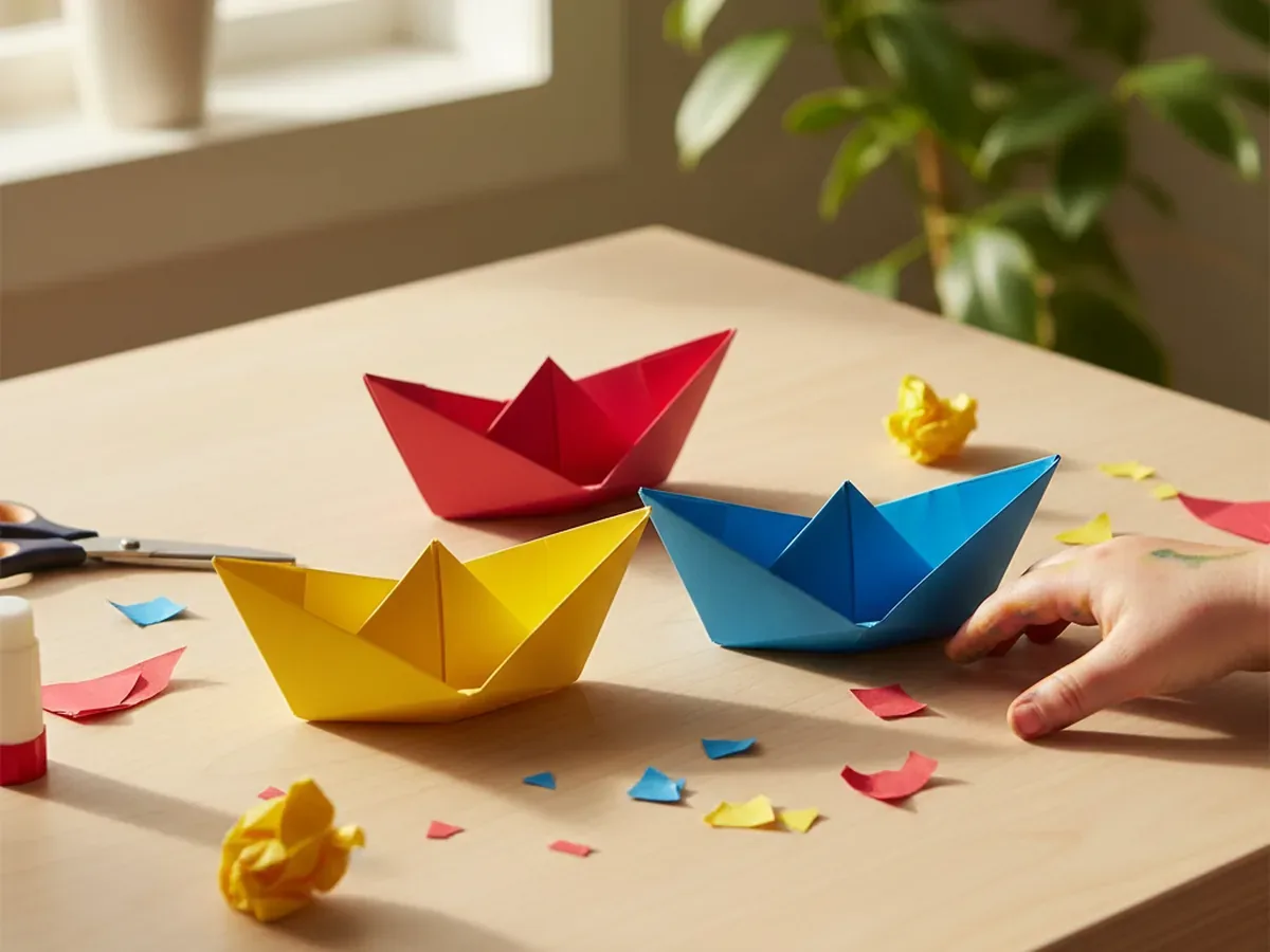 Petit bateau coloré plié dans du papier pour un jeu de flottaison