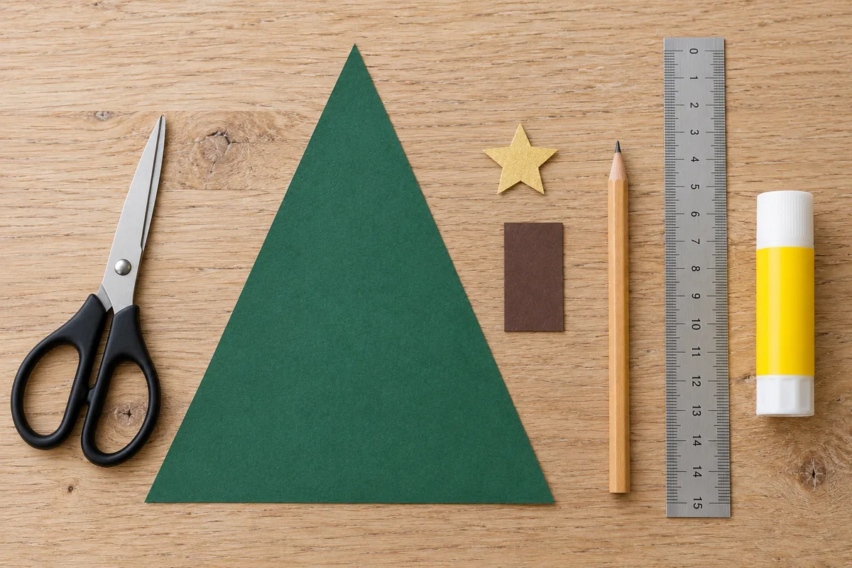 Triangle de papier vert et matériel pour fabriquer un sapin de Noël