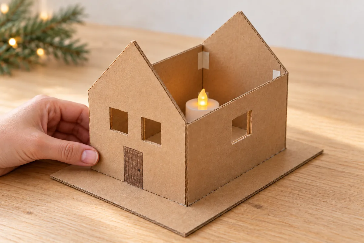 Une bougie LED placée dans la maison avant de remettre le toit